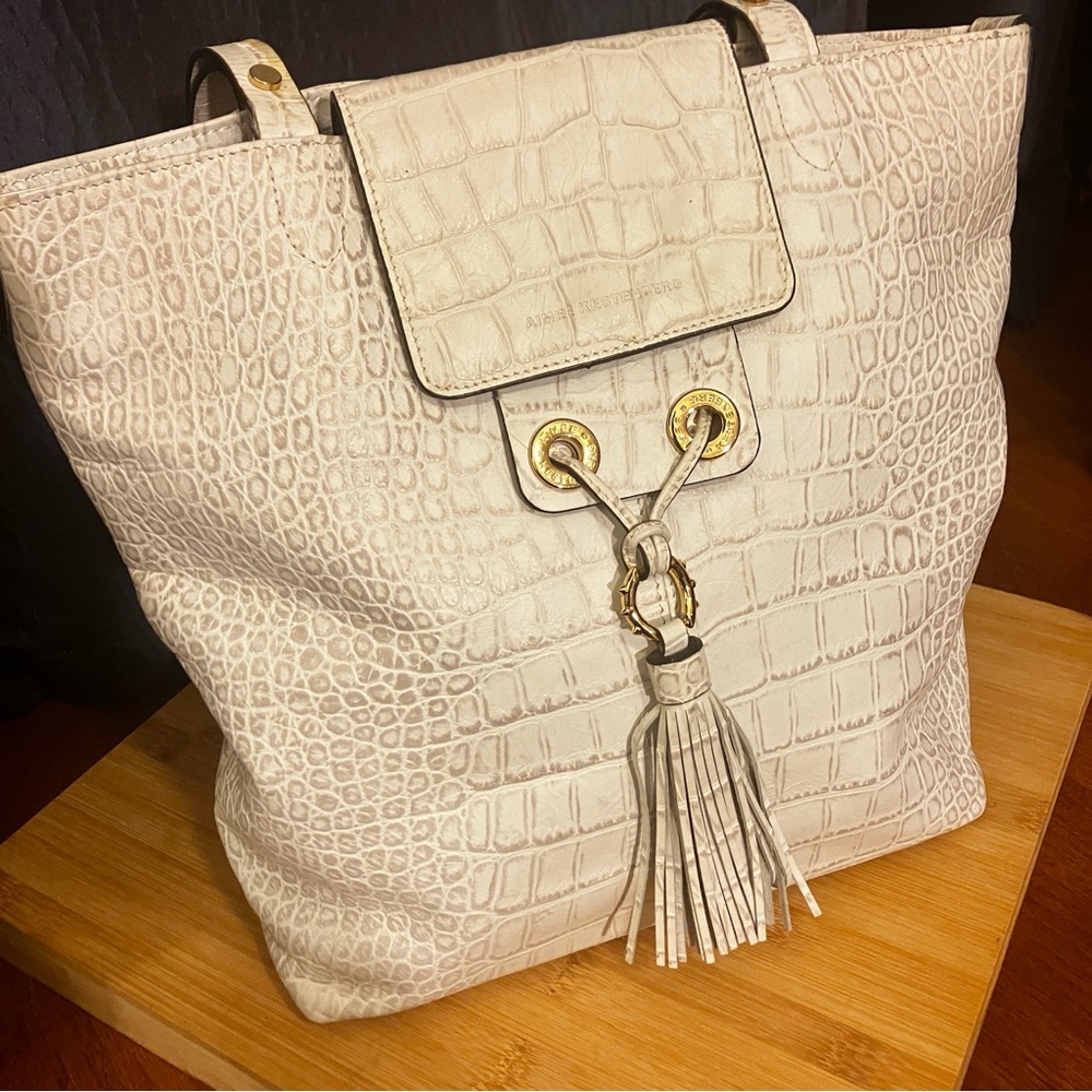 Aimee Kestenberg Leather Off White Crocodile Print Shoulder Bag